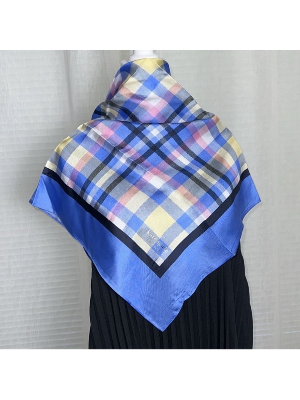kate spade Blue Pastel Yellow Pink Garden Plaid Square Scarf